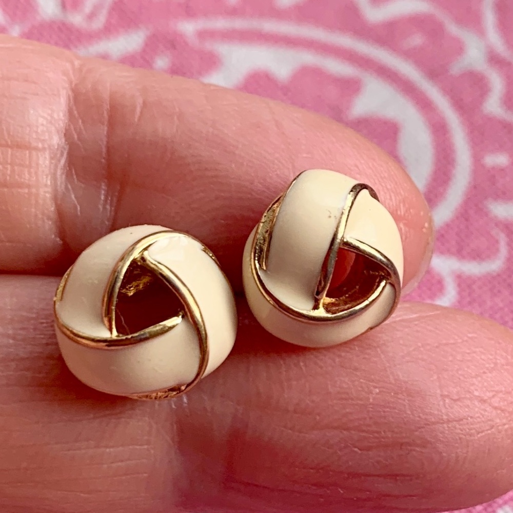 Vintage Monet White & Gold Classic Love Knot Post Back Earrings